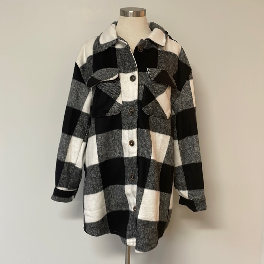 Black and Ivory oversized flannel shacket, shirt jacket.